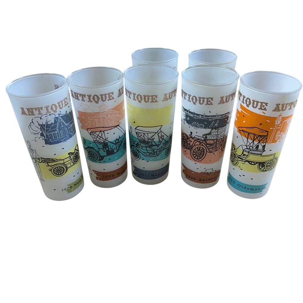Vintage 1950's Antique Automobile Design Collins Glasses Set of 7 Good Condition